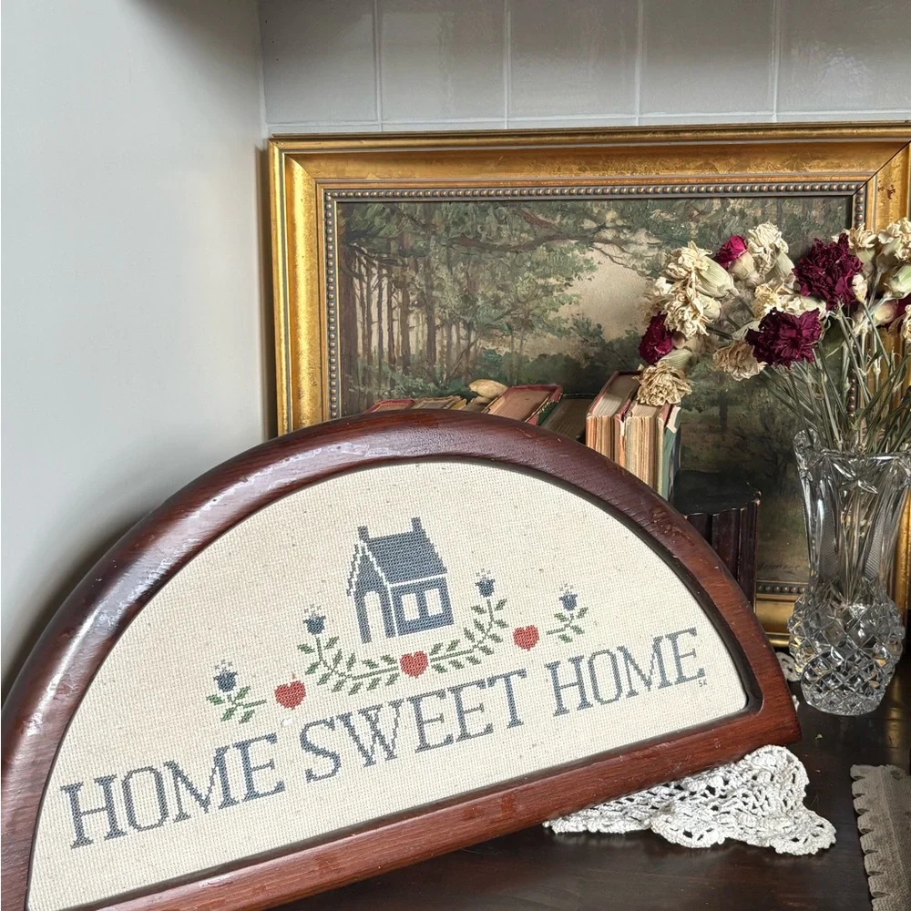 Vintage Cross-Stitch “Home Sweet Home” Arched Wooden Framed Kitchen/Entry Piece - Picture 4 of 14